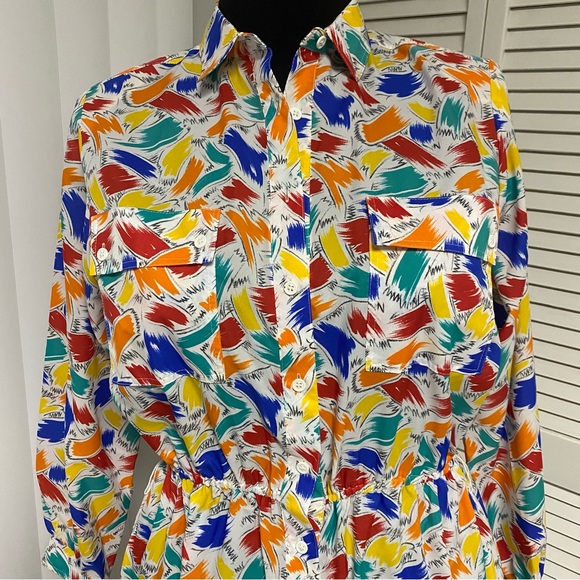 Vintage Katie Lewis Multi Color Collared Button-Up Dress With Pockets Size 16 - Picture 2 of 7